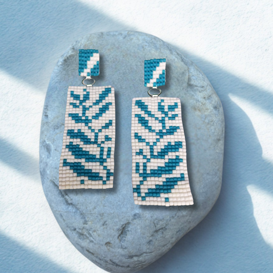 Fern Dreams – Teal & Cream Handwoven Beaded Earrings